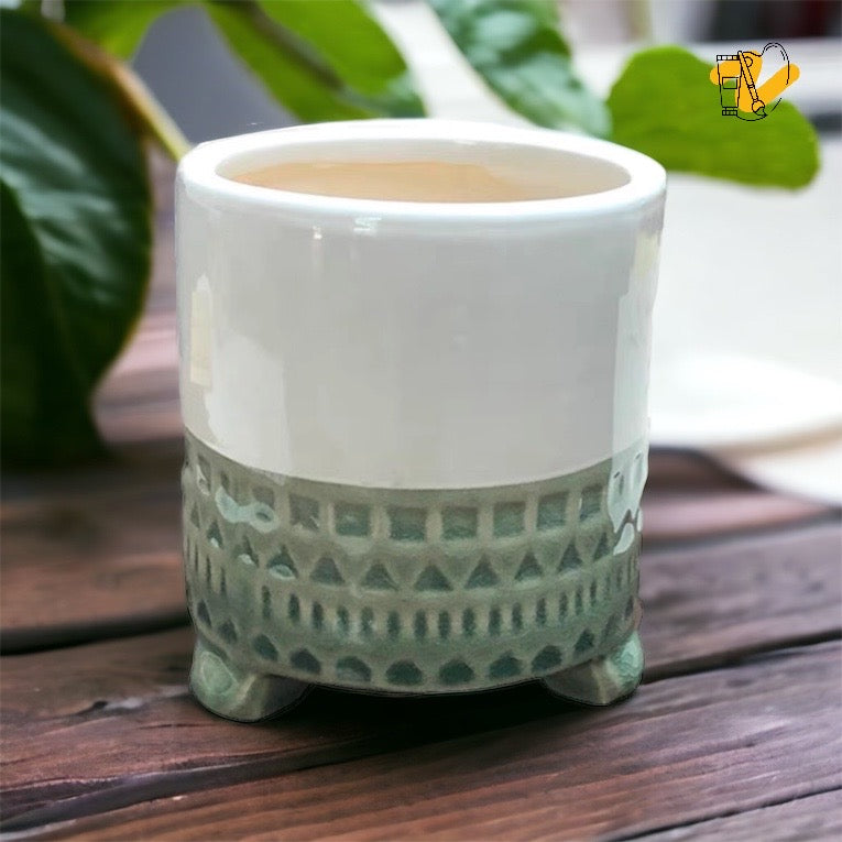 Decorative Plant Pot with Embossed Green Pattern