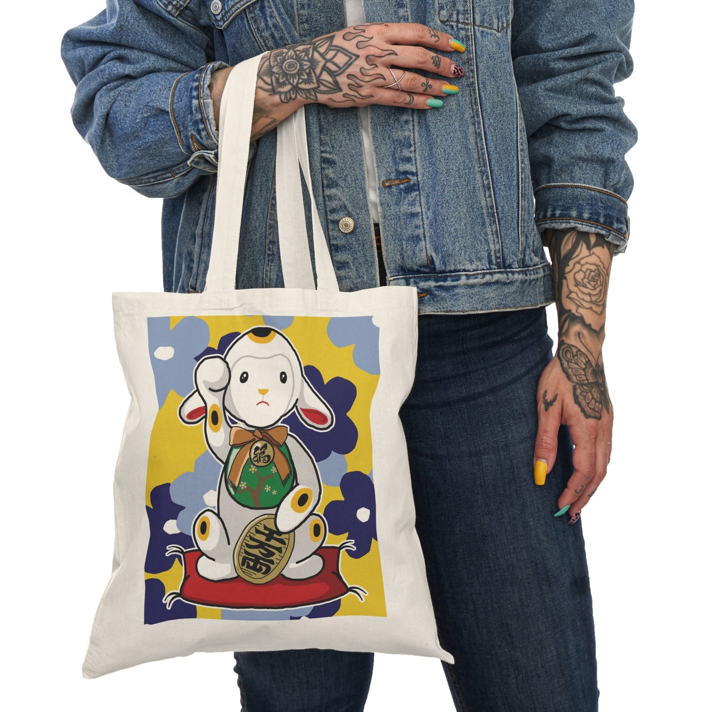 Whimsical Natural Tote Bag with Beckoning Lamb 招財羊, Eco-Friendly Shopping Bag, Cute Gift for Friends, Art and Fashion Lovers, Unique Carryall