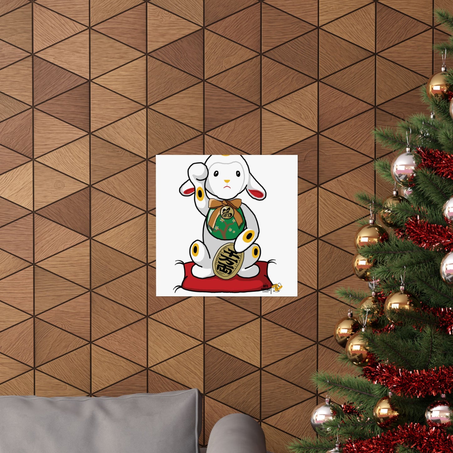 Maneki-Neko Lamb Poster - Cute Wall Art for Home Decor, Gift for Lamb Lovers, Japanese Inspired Art, Nursery Decoration, Positive Vibes