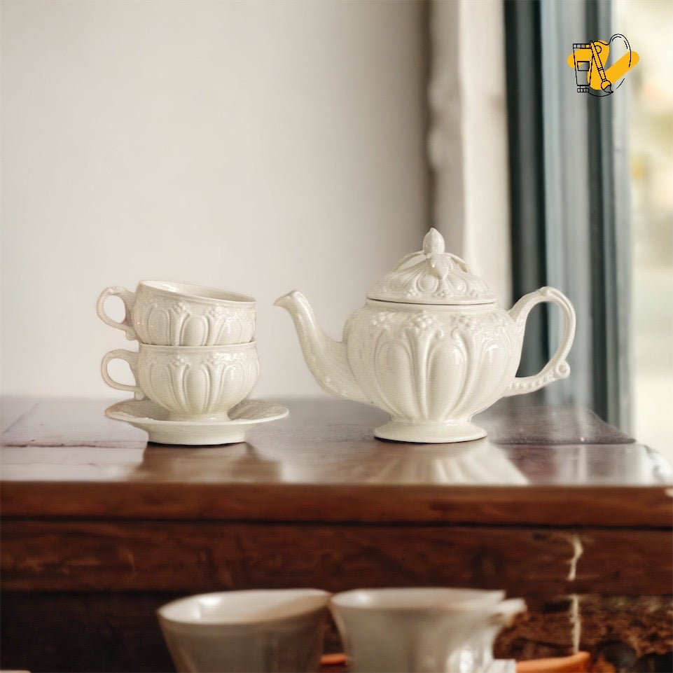 Cream Color Embossed Neoclassical Style Tea Set