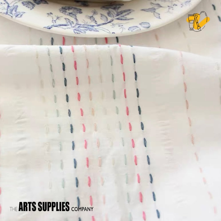 Embroidered Fabric "Pom Pom" | Cream Color Cotton Fabric with Embroidered Yarn (Price per 50cm)