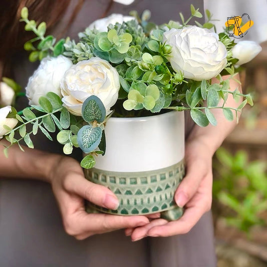 Decorative Plant Pot with Embossed Green Pattern