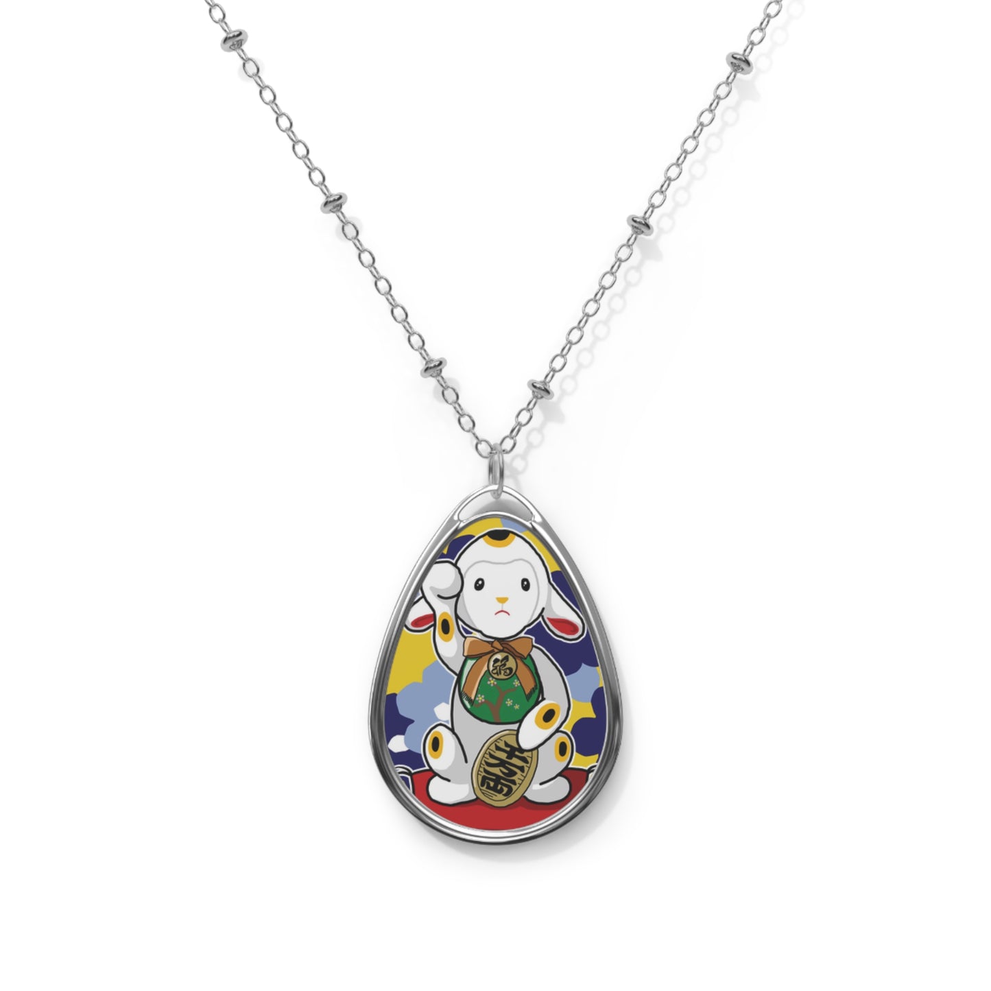 Charming Oval Necklace with Colorful Maneki-Neko Lamb Design, Unique Jewelry Gift for Birthdays and Everyday Wear, Handmade Gift Idea
