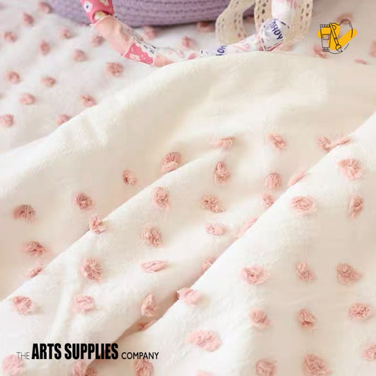 Embroidered Fabric "Pom Pom" | Cream Color Cotton Fabric with Pink Pom-Poms (Price per 50cm)
