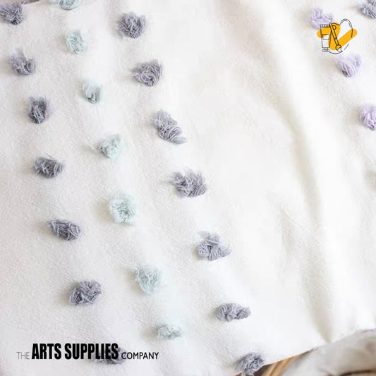Embroidered Fabric "Pom Pom" | Cream Color Cotton Fabric with Grey & Torquise Pom-Poms (Price per 50cm)