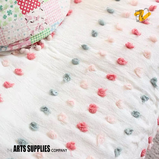 Embroidered Fabric "Pom Pom" | Cream Color Cotton Fabric with Multi-color Pom-Poms (Price per 50cm)