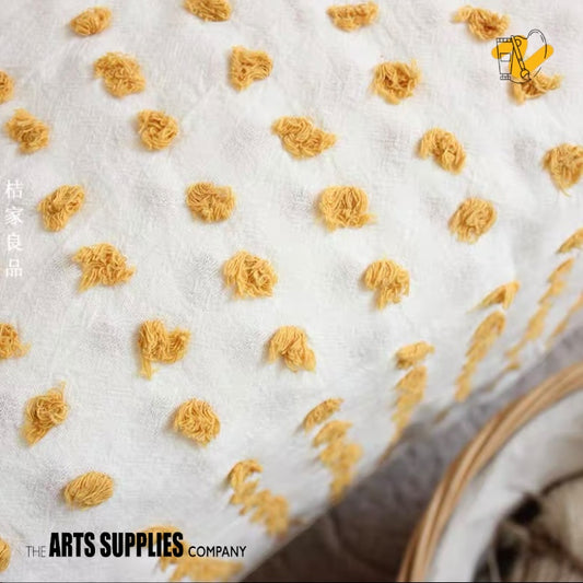 Embroidered Fabric "Pom Pom" | Cream Color Cotton Fabric with Yellow Pom-Poms (Price per 50cm)