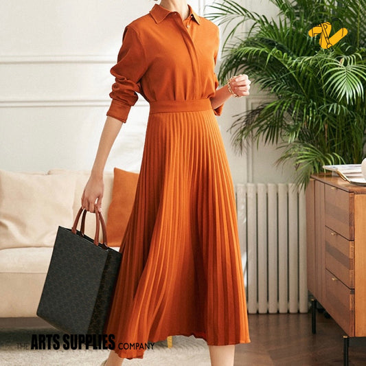 Tangerine Shirt-Style Pleated Skirt A-Line One-Piece Dress