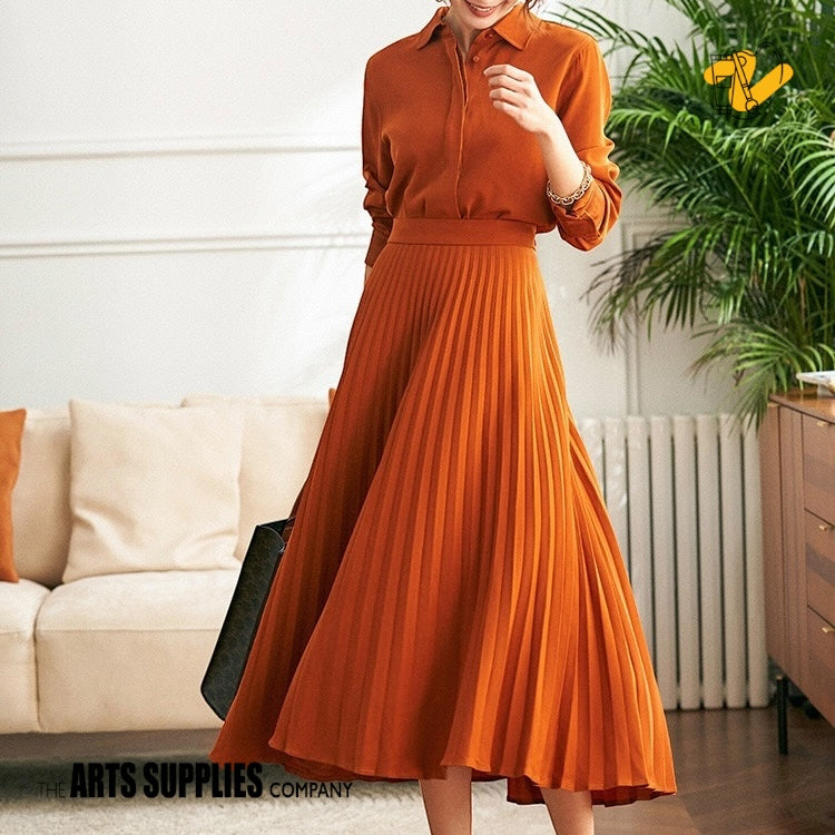 Tangerine Shirt-Style Pleated Skirt A-Line One-Piece Dress