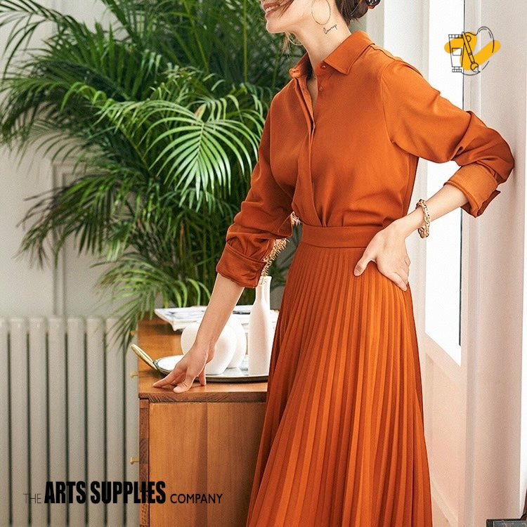 Tangerine Shirt-Style Pleated Skirt A-Line One-Piece Dress