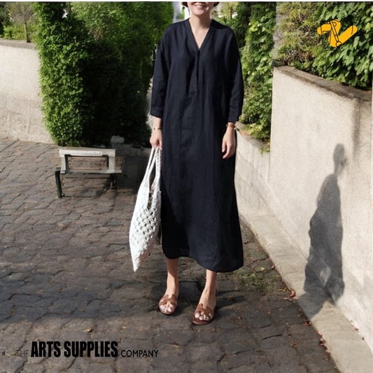 Linen Midi Dress in Black