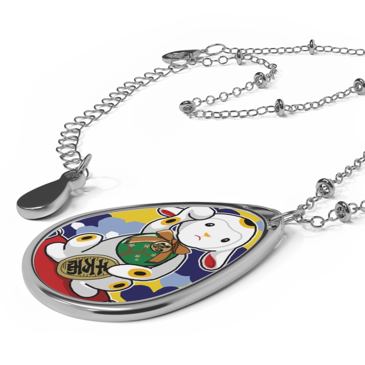 Charming Oval Necklace with Colorful Maneki-Neko Lamb Design, Unique Jewelry Gift for Birthdays and Everyday Wear, Handmade Gift Idea