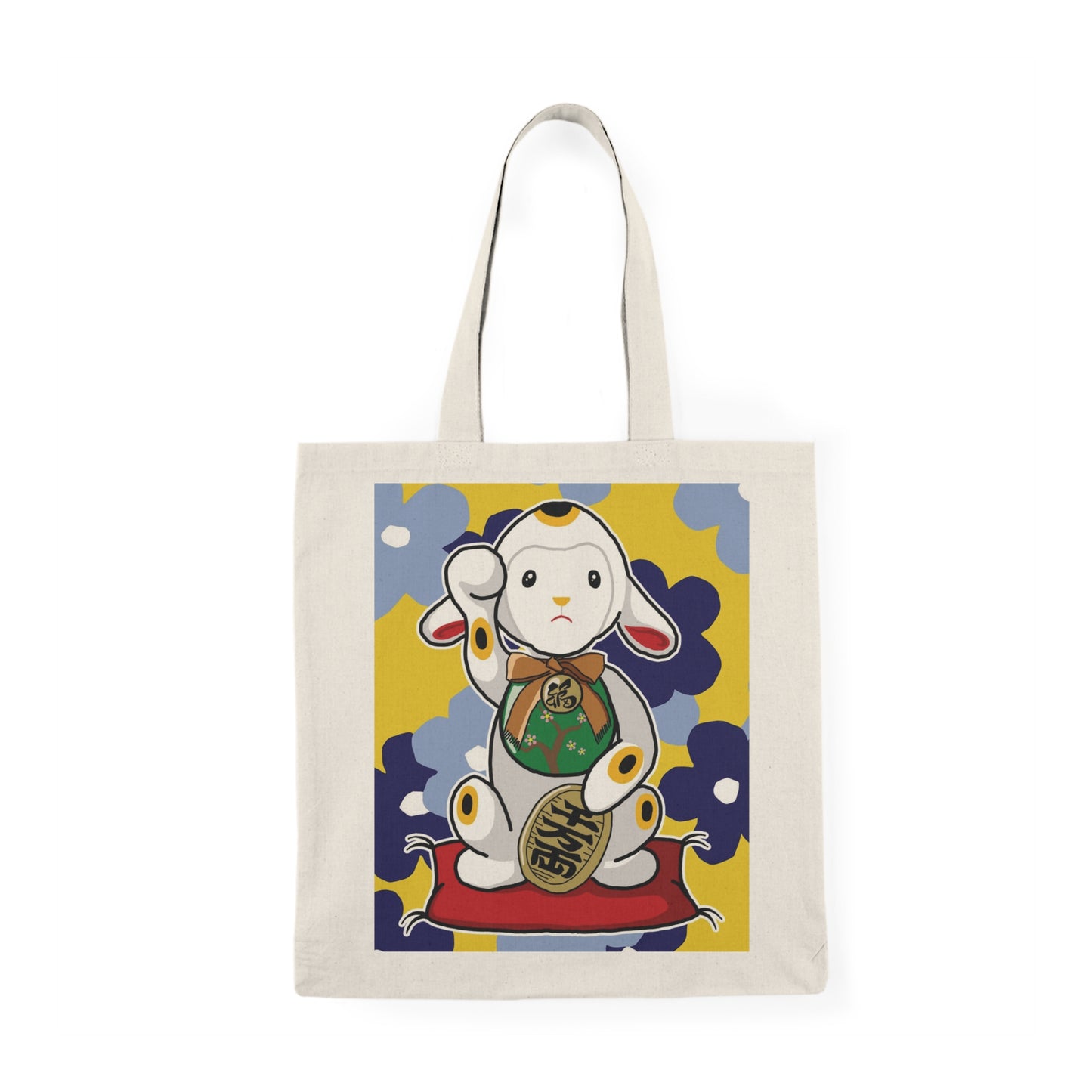 Whimsical Natural Tote Bag with Beckoning Lamb 招財羊, Eco-Friendly Shopping Bag, Cute Gift for Friends, Art and Fashion Lovers, Unique Carryall